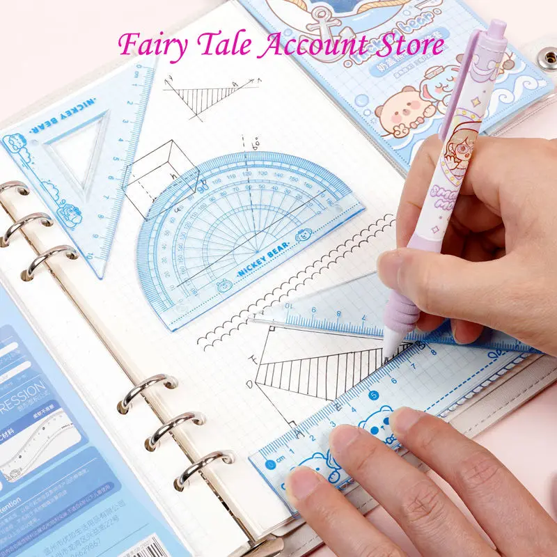 Pequeno Conjunto de Fita Métrica Mochi para Estudantes, Régua Macia Transparente, Régua Triangular, Transferidor Set, Quatro Peças