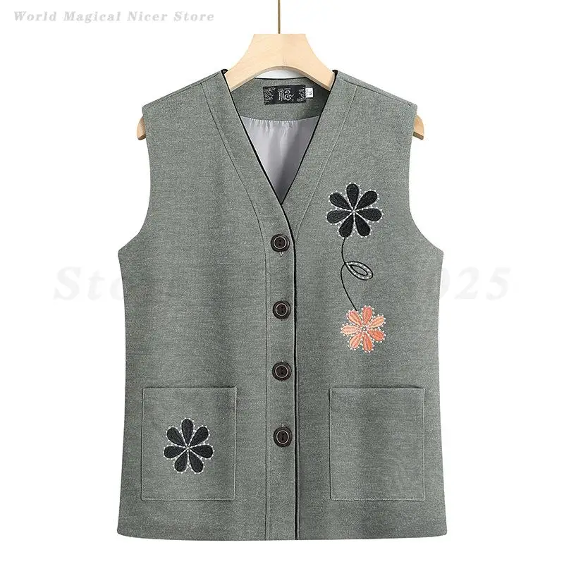 Spring Autumn Embroidery Flower Vest Retro Traditional Chinese Top Vintage Novel Versatile Vest Middle Aged Grandma Coats