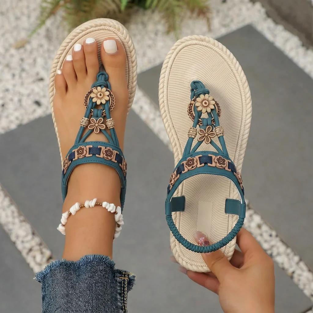 

Women's 2026 New Flower Embellished Toe Post Sandals Woven Platform Slingback Bohemian Summer Vacation Casual Shoes