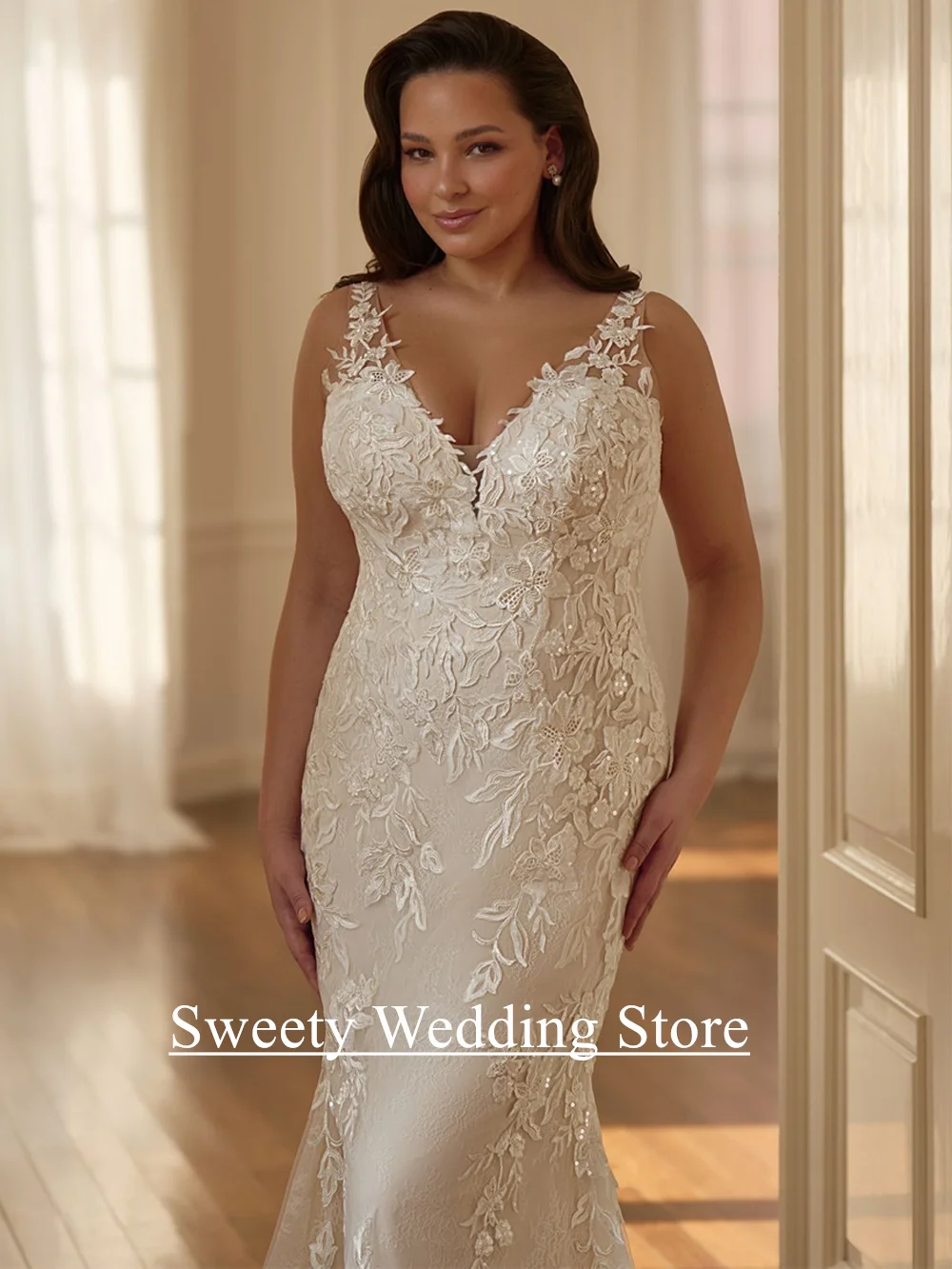 Robe de mariée sirène pour mariée, personnalisée, col en V, sans manches, paillettes appliquées, dentelle, traîne de balayage, nouvelle collection