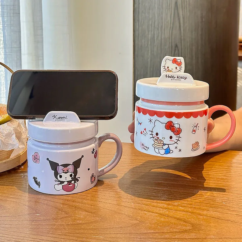 

Kawaii Hellokitty Mug with Phone Holder and Sealed Cup Lid High Value Coffee Cup Cute Couple Daily Drinking Water Cup Decor