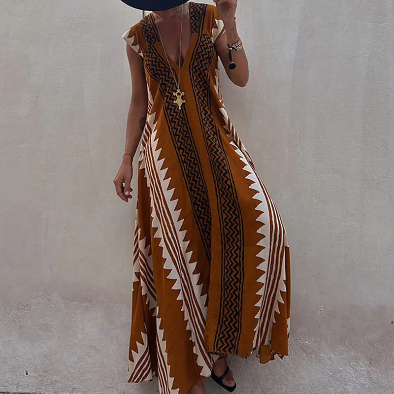 

2024 New Bohemian Style Women's Elegant V-neck A-line Long Dress Ladies Fashion Robe for Summer