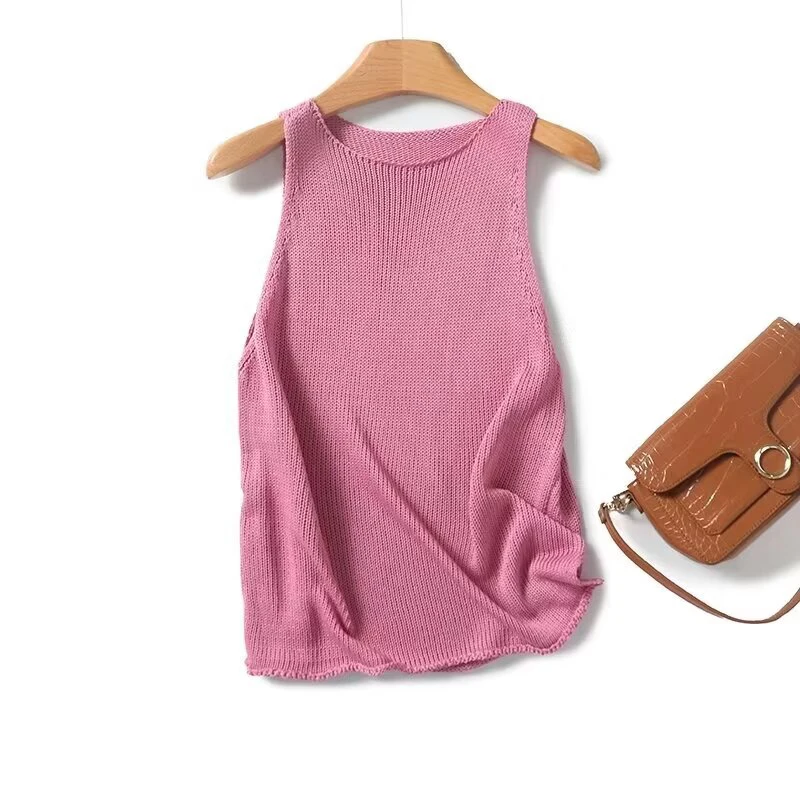 YENKYE Vintage Pink Knit Tank Top Women O Neck Sleeveless T Shirt Side Slit Hem Female Summer Casual Crop Top