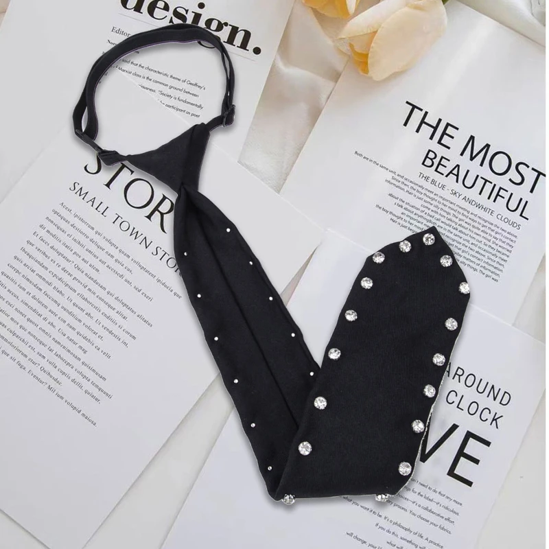 Elegante schwarze Strass-Lazy-Krawatte, verstellbare Krawatten für Damen, perfekt für Freizeit- und Business-Hemd-Fliege-Accessoires – Detail 3