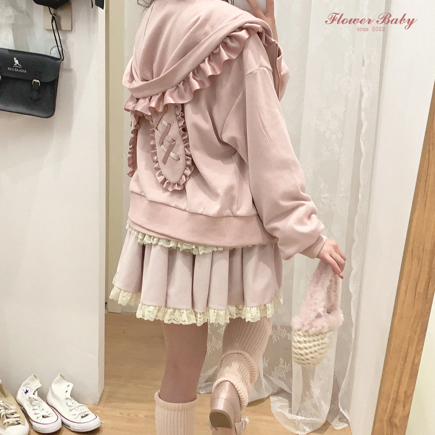 Japanese Lolita Hoodies Jacket Women Cute Lace-up Rabbit Ears Embroidery Loose Mine Hooded Sweatshirt Coat Spring Autumn Clothes