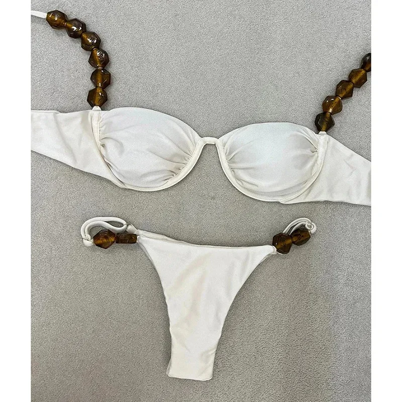 

Trendy Bead Suspender Push Up Bikini Women Swimsuit Sexy Low Waist Micro Bikini 2025 New Bathing Suit Beachwear Biquini Female