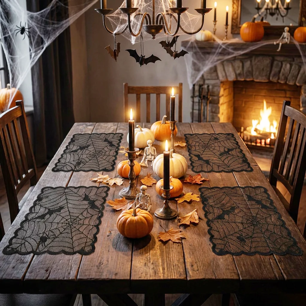 4-piece Halloween spider web bat dinner mat, Halloween black lace semi-transparent party table mat