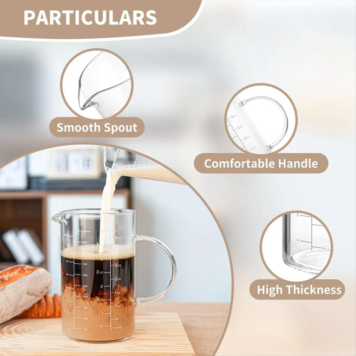 2026 NEW Glass Measuring Cup, Insulated Handle, V-Shaped Spout, High Borosilicate Glass Measuring Cup 1000ML, /1 Liter, 4 Cup