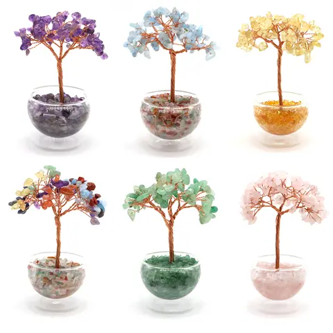 คริสตัลเงินต้นไม้แก้วกระถางต้นไม้สไตล์หินธรรมชาติ Citrine Amethyst Chakra ควอตซ์ Feng Shui Home Office Lucky Decor ของขวัญ