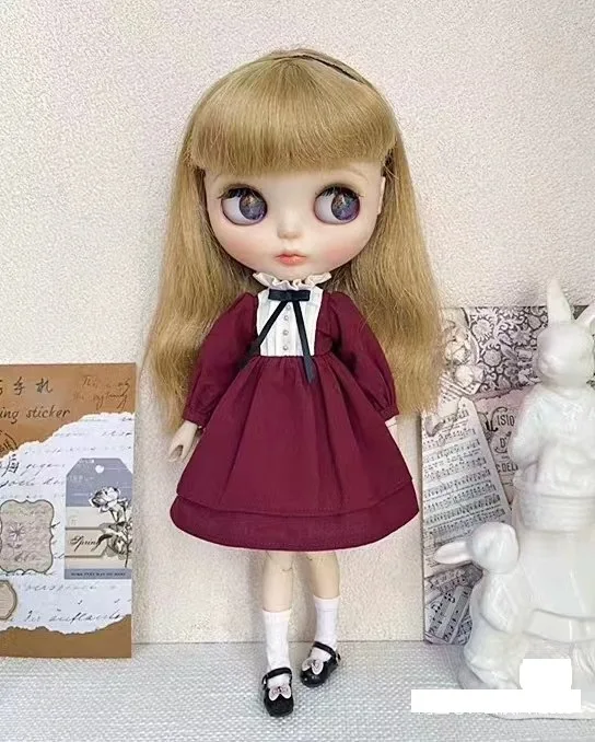 

Blythe 2025 Ретро оригинальный черный бордовый бант с длинным рукавом 1/6 30 см (подходит для azone, Pullip, Ob22/24/26, Licca)