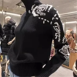 Rose Embroidery Knitted Sweater Women Fashion Black Turtleneck Wool Pullover Autumn Winter Design Slim Womens Clothing