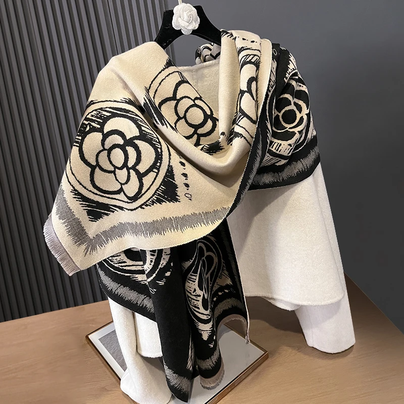 New Luxury Winter Camellia Two-Sided Cashmere Jacquard Scarves High Quality Women Thicken Wrap Shawl Ladies Wool Pashmina Scarf