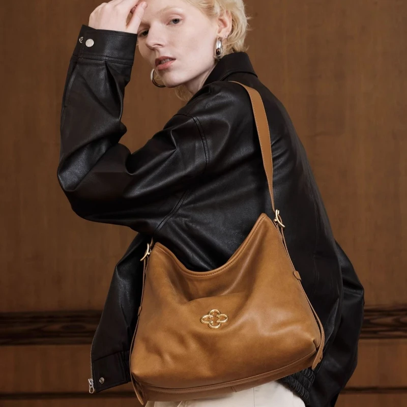 Cassile hobo underarm bag, high-end wrinkled vegetable-tanned cowhide single-shoulder tote bag, small size