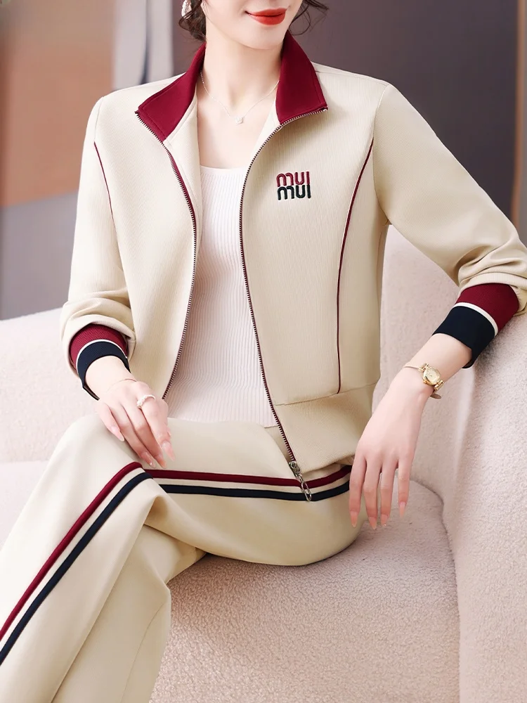 

Casual Loose Stand Collar Jaet And Pants Set for Middle Aged Women Faionable Spring New Sle Cotton Polyester Blend