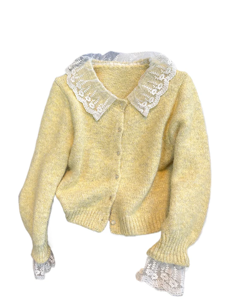 

Lace Spliced Knit Sweater O-neck Long Sleeved Cardigan Women's Autumn Winter New Single Breasted Sweet Soft Versatile Short Top