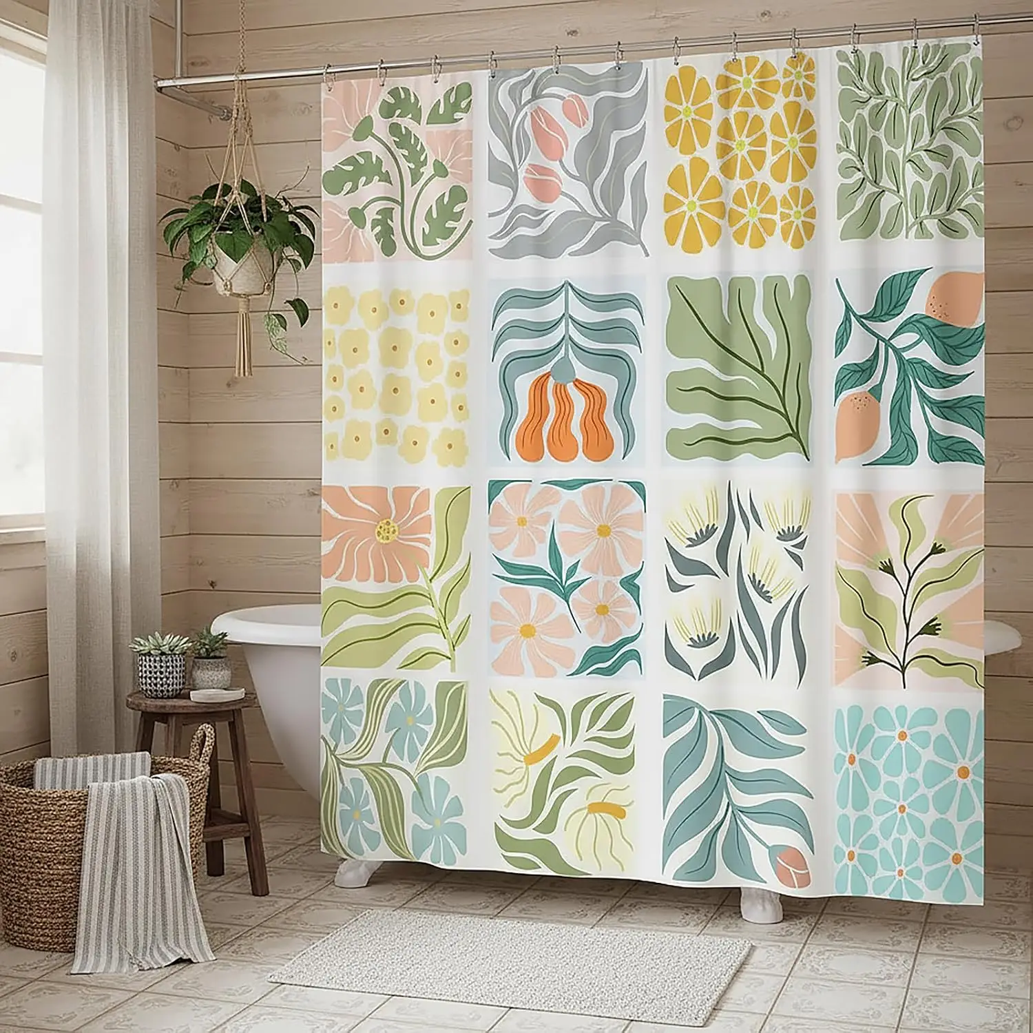 Botanical Patchwork Floral Shower Curtain Tropical Leaf Pattern Bathroom Decor Grid Print Waterproof Shower Curtain 180x180cm