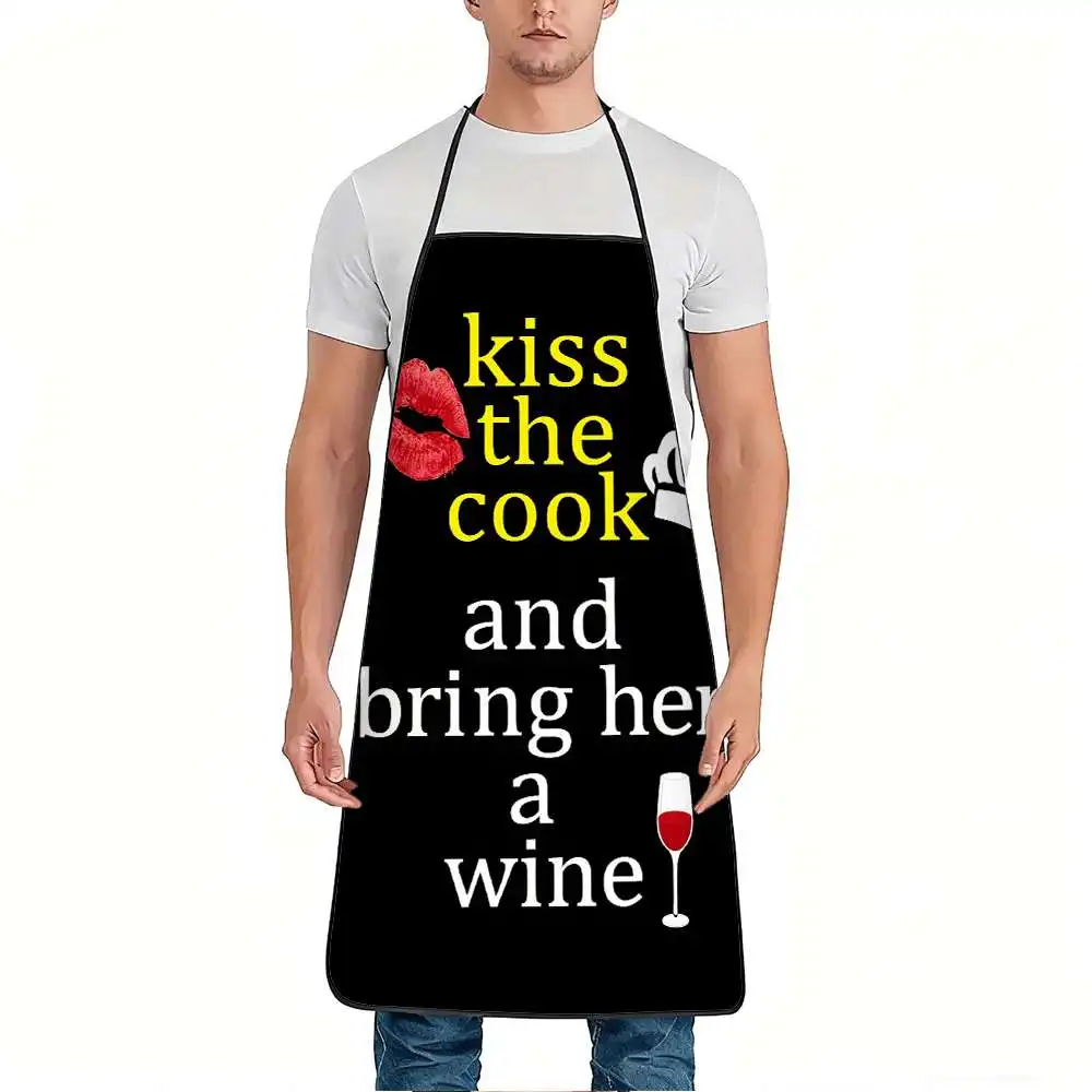 1pc Kiss the Cook and Bring Her a Wine Funny Print Apron, Durable and Easy to Clean, Adjustable Waistband, Polyester Material, f