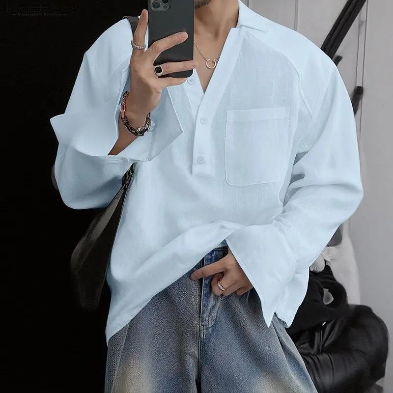 INCERUN قميص رجالي بلون سادة وأكمام طويلة على طراز القرآن ملابس رجالية غير رسمية برقبة على شكل V قمصان برباط ملابس علوية عصرية للرجال