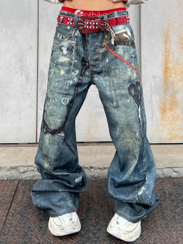 

Свободные джинсы в стиле ретро с цифровым принтом в американском стиле High Street, повседневные прямые джинсы для мужчин и женщин, модные длинные брюки