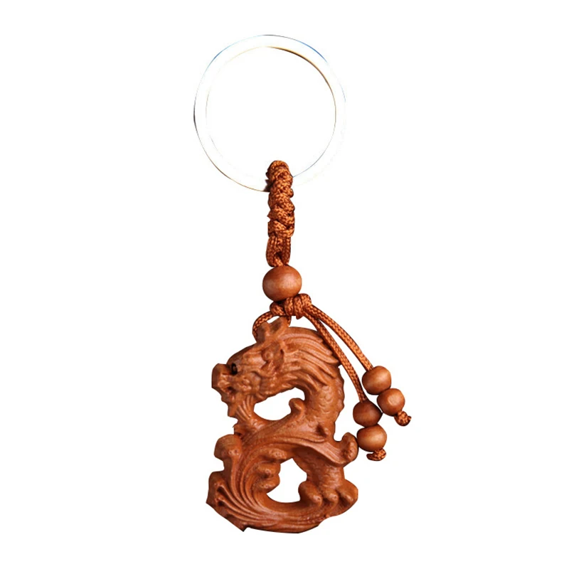 Chinese Style Keychain Peach Wood Zodiac Dragon Keychain Wood Carving Pendant Car Key Backpack Decoration Good Luck Amulet