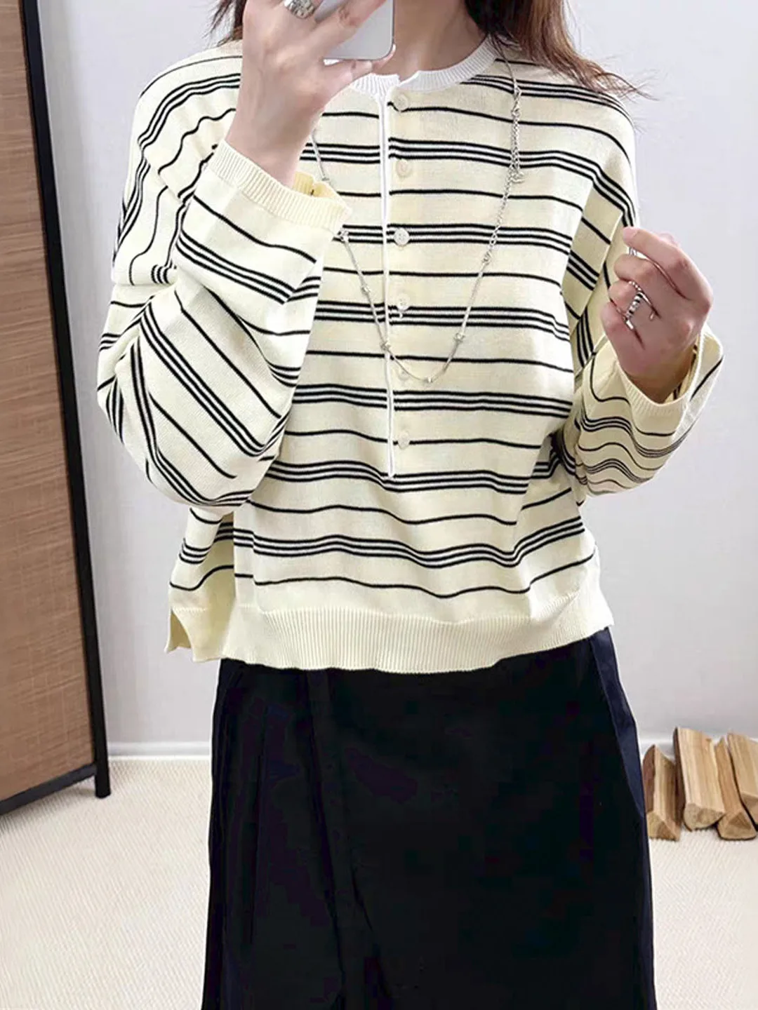 

Вязаный джемпер с круглым вырезом и полосатым узором, повседневный, женский, хлопковый, с длинными рукавами, осенне-зимний топ