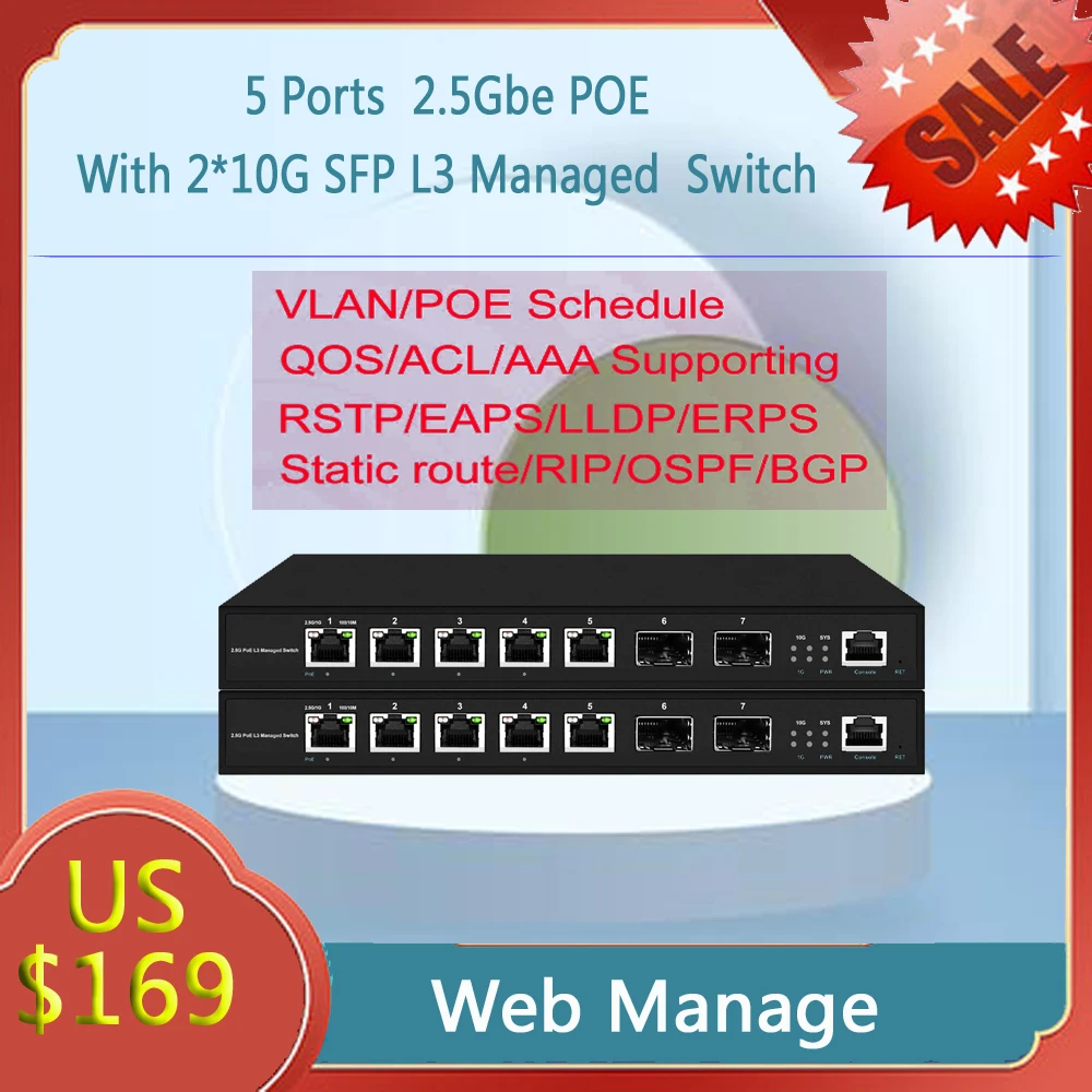 L3 Managed 5 ports 2.5Gbe PoE or non Switch With 2 ports 10Gbe SFP Uplink