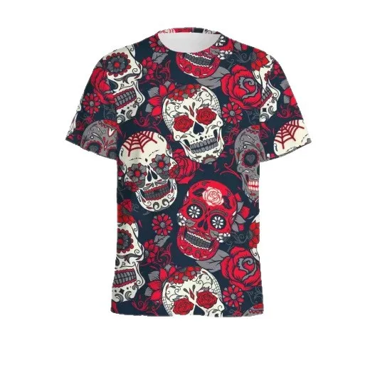 Men Red Rose Sugar Skull 3D Print T‑Shirt Mexican Day Of The Dead Skeleton Floral O‑Neck Short Sleeve Casual