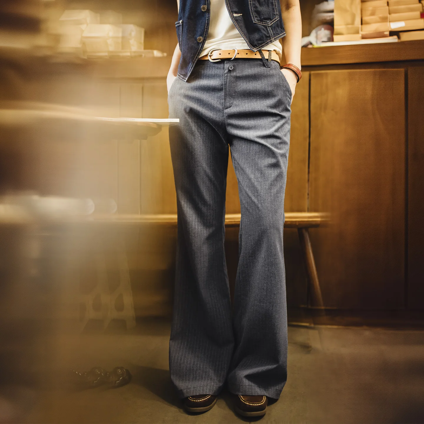 Maden Thin Draped Texture Grey Striped Flared Pants Women Retro Old Money Style Formal Business Casual Summer Female Trousers