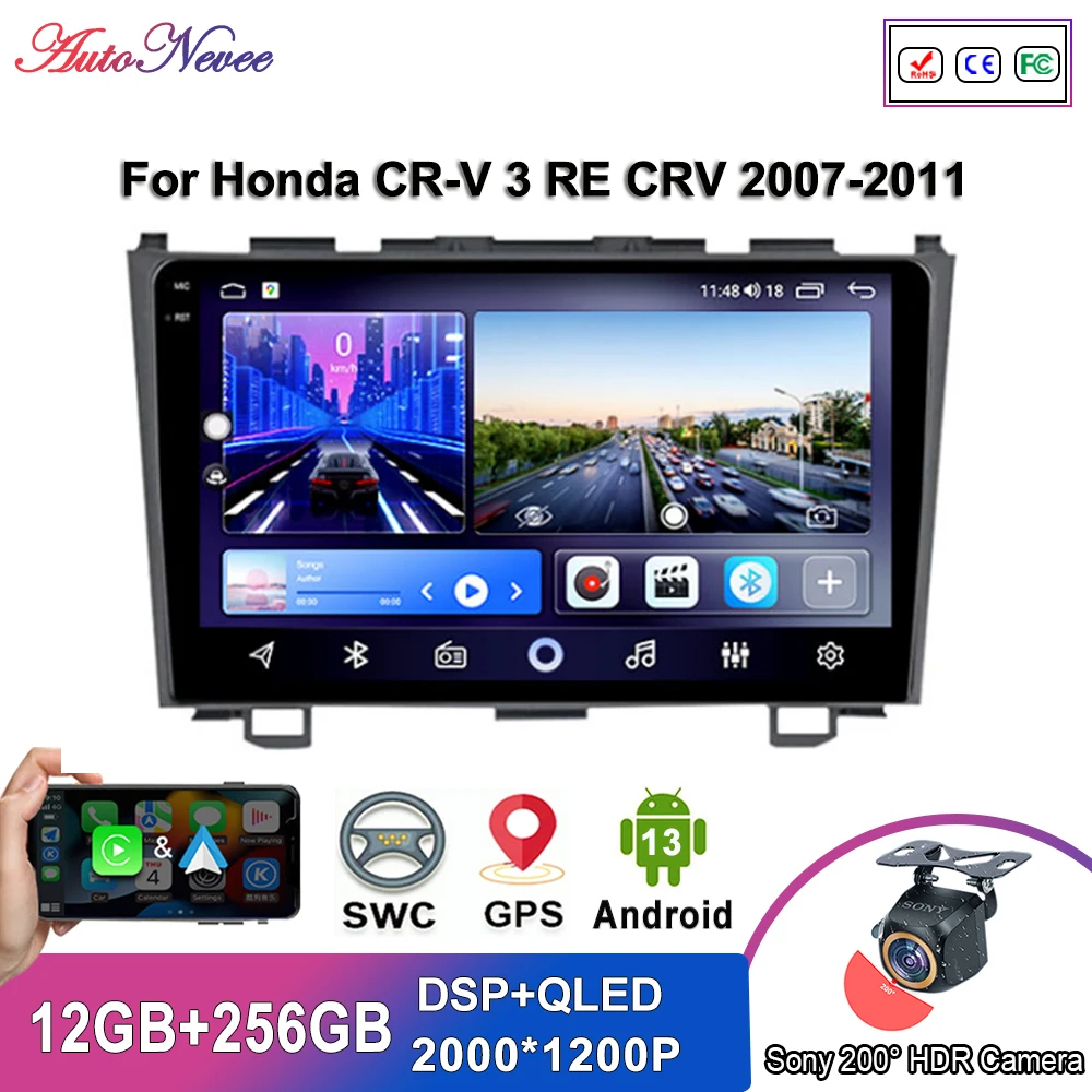 

Автомобильный DVD Android 14 для Honda CR-V 3 RE CRV 2007-2015, мультимедийный плеер, авторадио, GPS-навигация, стерео головное устройство, без 2 din DVD