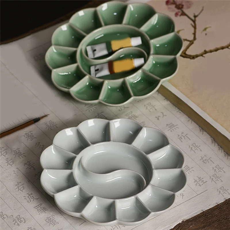 Handmade Celadon Palette Plum Blossom-Shaped Watercolor Paint Tray Ru Kiln  Plate And Pen Holder