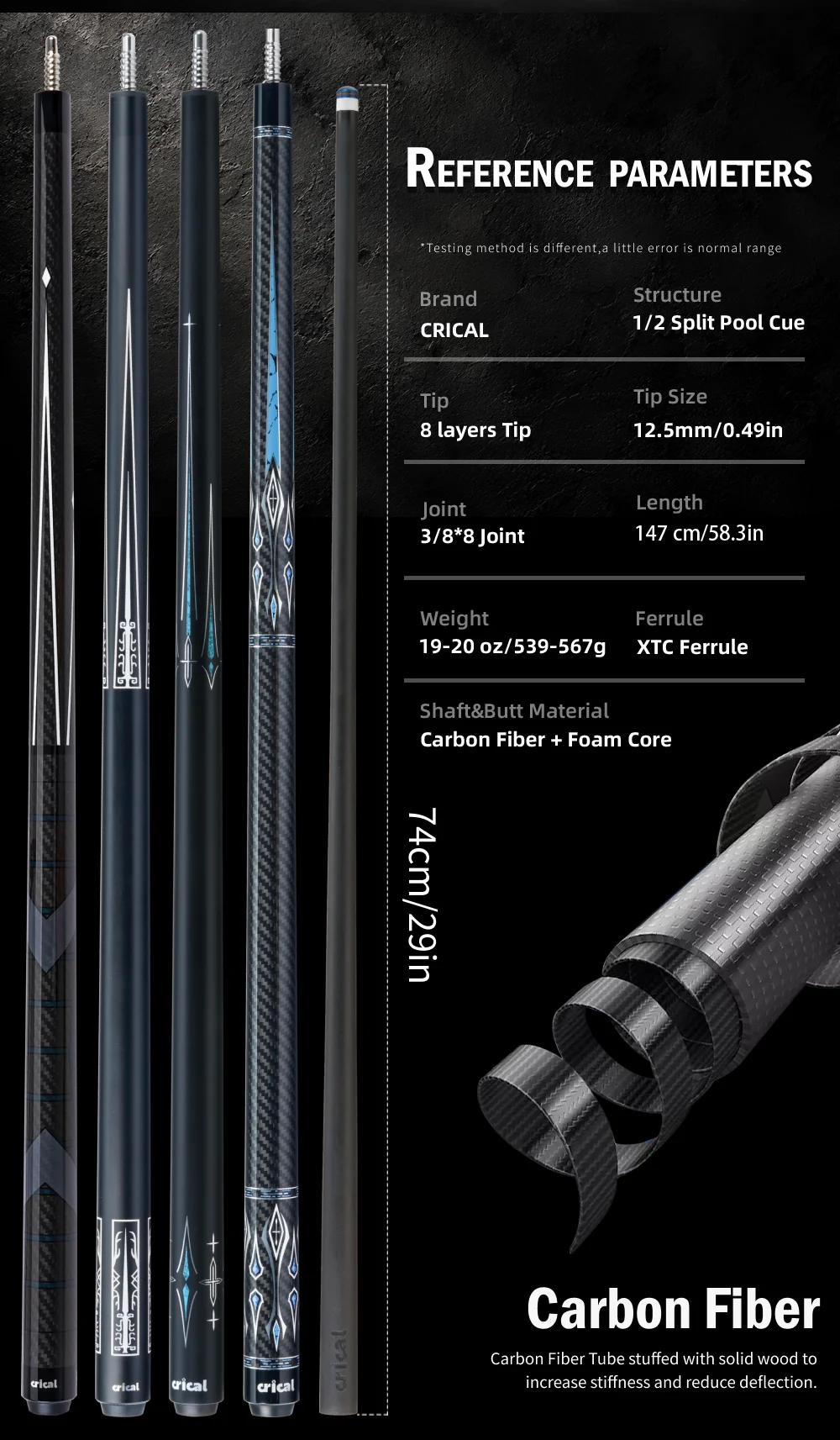 Billardqueue mit Carbonfaser-Schaft, geringer Ablenkung, 58 Zoll, 12,5 mm Spitze, 3/8x8 Verbindung, verstellbares Gewicht, 8/9 Ball, CRICAL – Detail 4