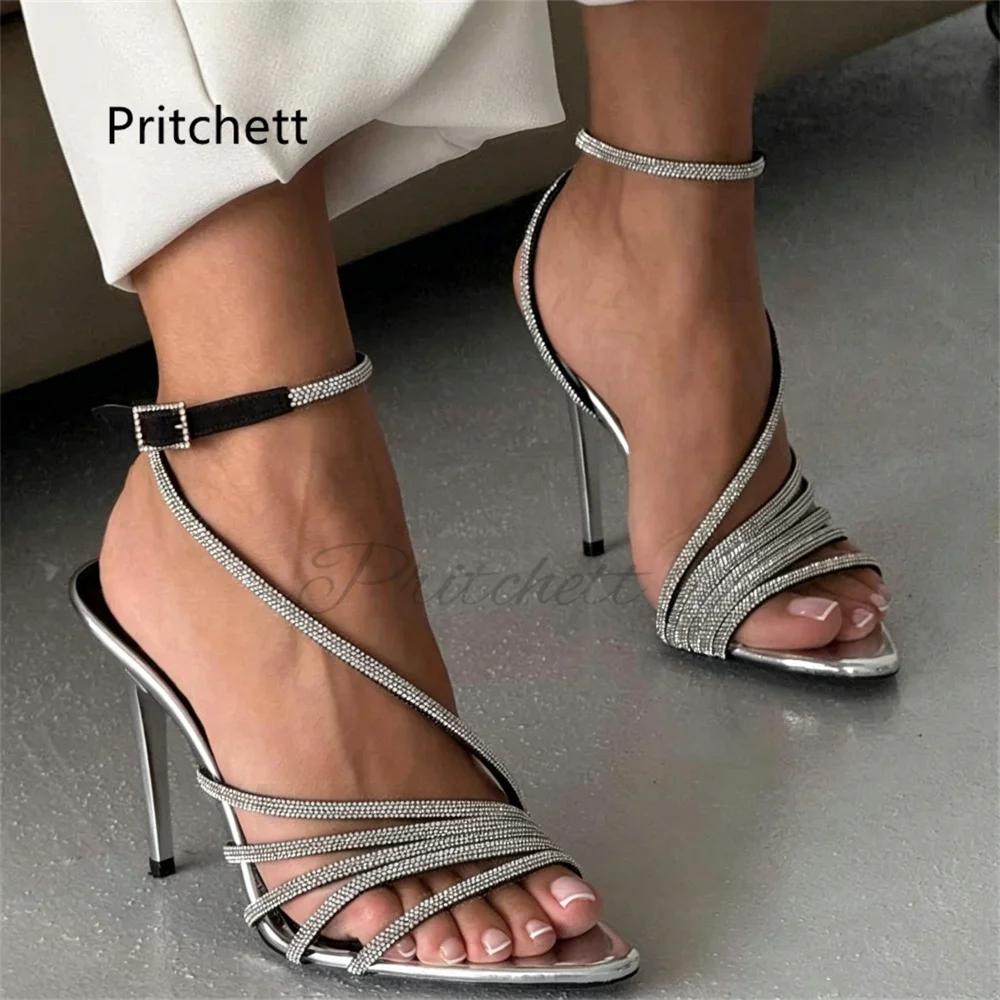 Sparkly Rhinestone Thin Heels Sandals for Women Mirror Silver Pointed Toe Ankle Buckle Stiletto Evening Party Dress Shoes Summer