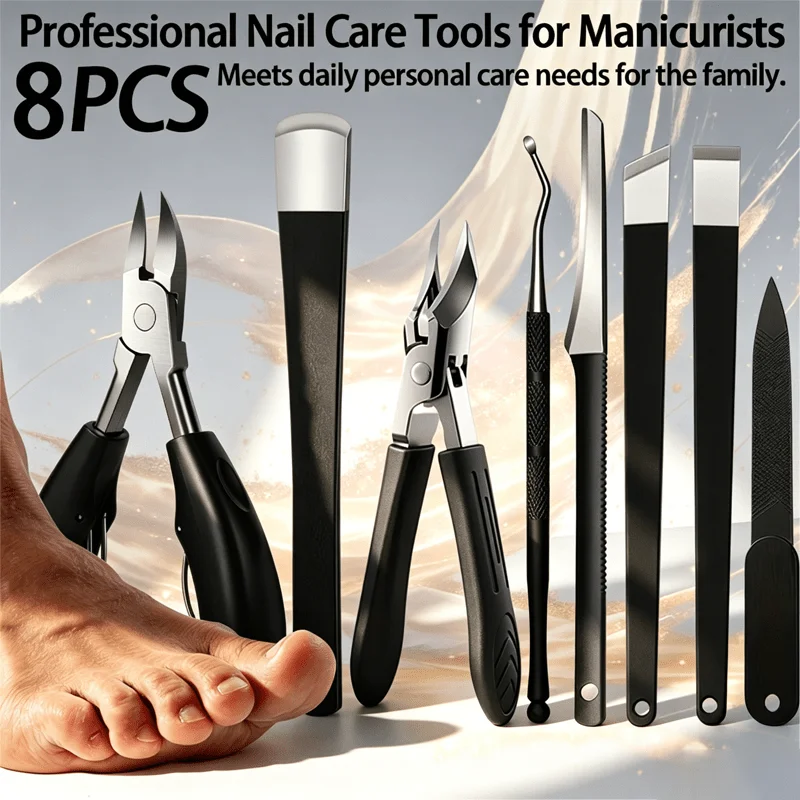 Professional 8pcs Ingrown Pedicure Set, Thickened Heavy Stainless Steel Clippers& Scraper, Long-lasting Sharp Blades, Thick Nail