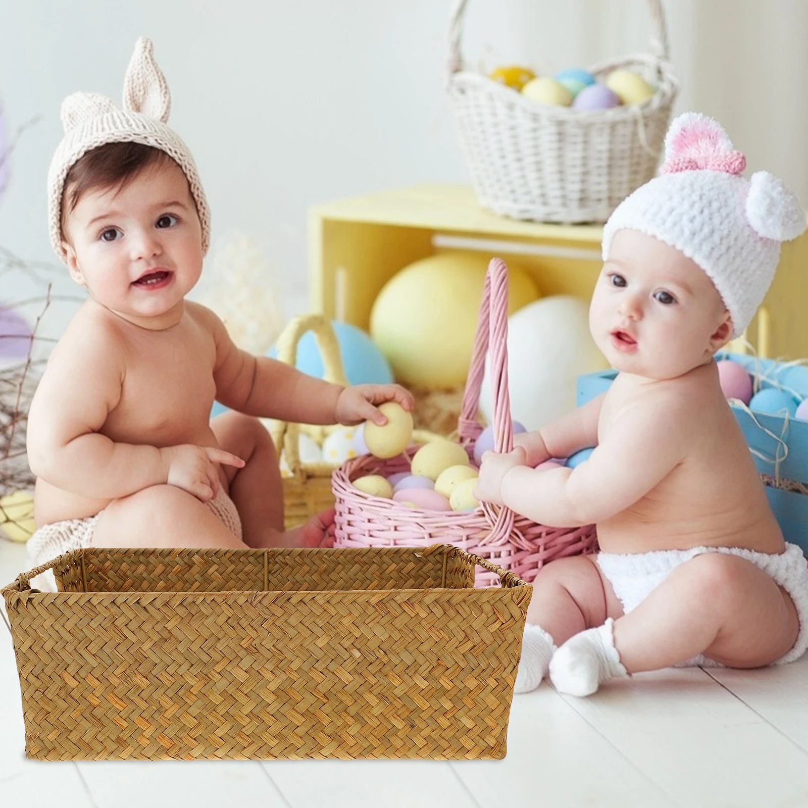 

1pc Rattan Bamboo Storage Basket Seaweed Woven Handmade Hamper for Home Bedroom Living Room Organizing Rectangular