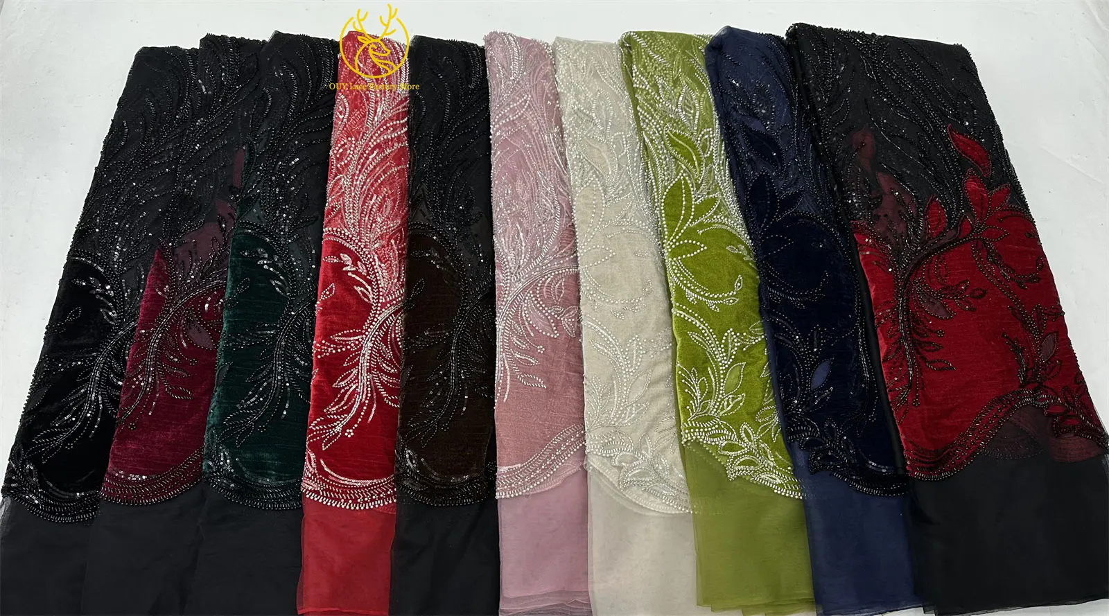 Neuer Stil Afrikanischer Samt-Stickerei-Spitzenstoff, grüner französischer nigerianischer Pailletten-Tüll-Spitzenstoff zum Nähen von Partykleidern – Detail 2