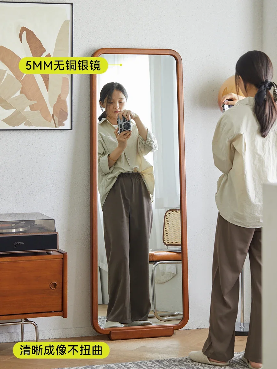 Solid wood dressing mirror, minimalist household wall mounted bedroom fitting mirror, natural wood style large mirror