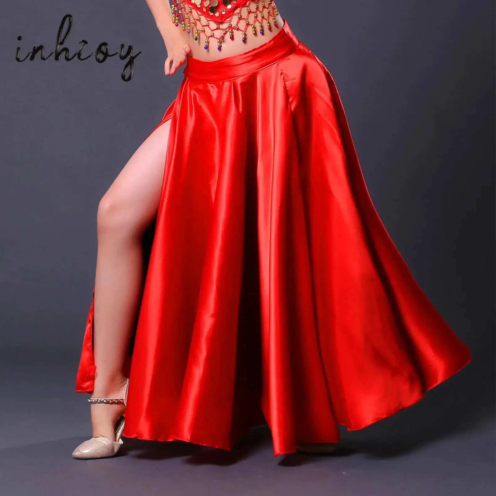 Kinder Mädchen Spanischer Flamenco-Tanzrock Stierkampf-Tanzkleid Satin Side Split Gypsy Lange Röcke Bauch Performance Dancewear