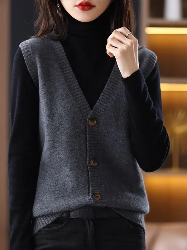 

Женский вязаный кардиган-жилет с V-образным вырезом, многослойный, на пуговицах, весна-осень, модный, стандартной длины