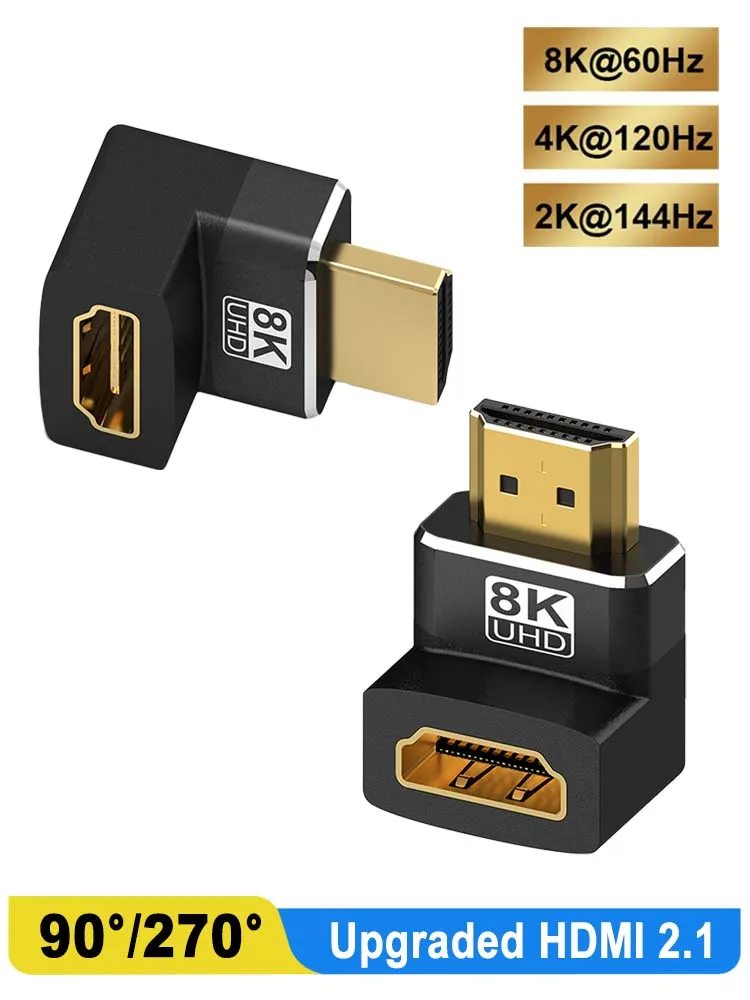 Adaptador hdmi de 90 e 270 graus, hdmi 2.1 8k @ 60hz 2.0 4k @ 120hz 2k ângulo reto hdmi macho para