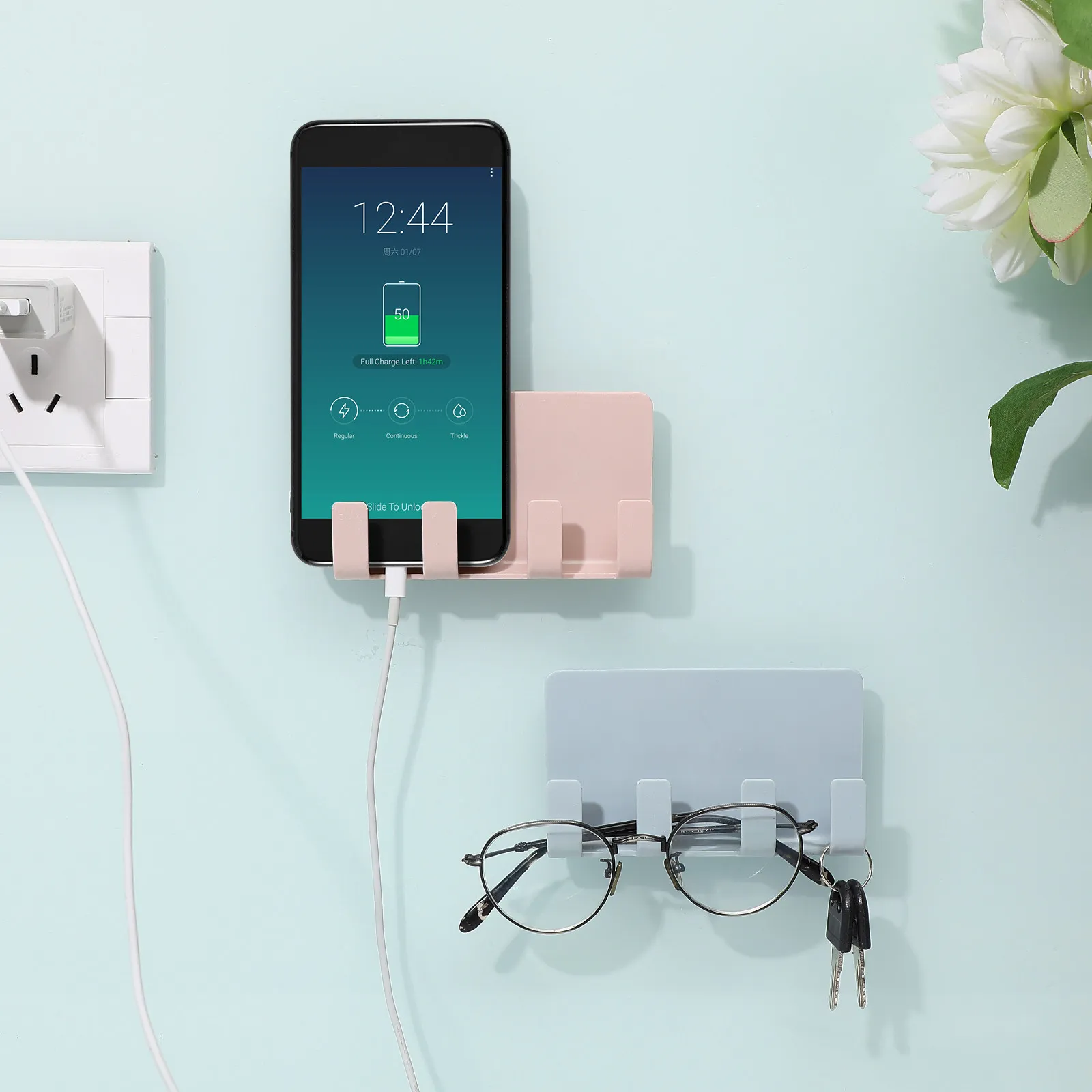 3Pcs Adhesive Wall Mount Organizer 4 Hooks Plastic Storage Rack Seamless Holder Mobile Phone Charging Stand Wall Mount