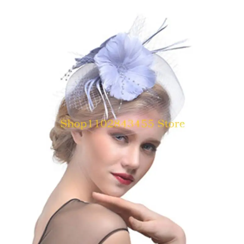 49MC Elegant Wedding Fascinators Hair Clip with Flower Feathers Pillbox Hat for Makeup Party for Wedding Party
