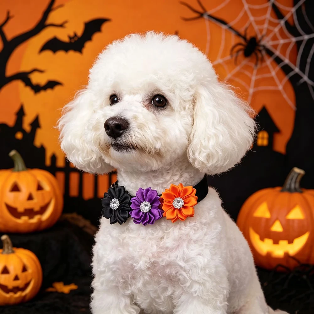 30/50 Stück Halloween-Blumen-Hundeschleifen, handgefertigte Welpenhalsketten, verstellbare Hundeschleifen und Halsbänder, modische Haustierprodukte für Hunde – Detail 4