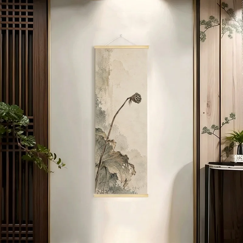 Lotus Pond Hanging Scroll with Seed Pods and Faded Leaves in a Muted Ink Wash Style for a Peaceful Tea Room Interior