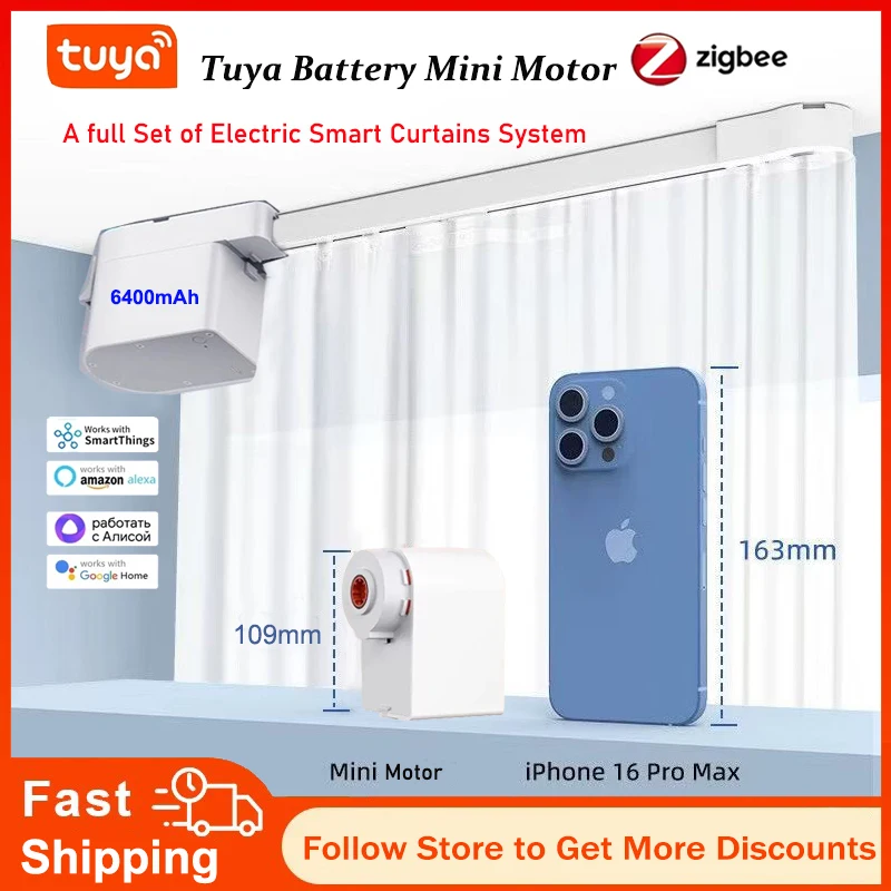 

Tuya Battery Zigbee Smart Mini Curtain Motor 6400 mAh & Electric Curtains Track Rail RF Remote Alexa Yandex Alice Voice Contorl