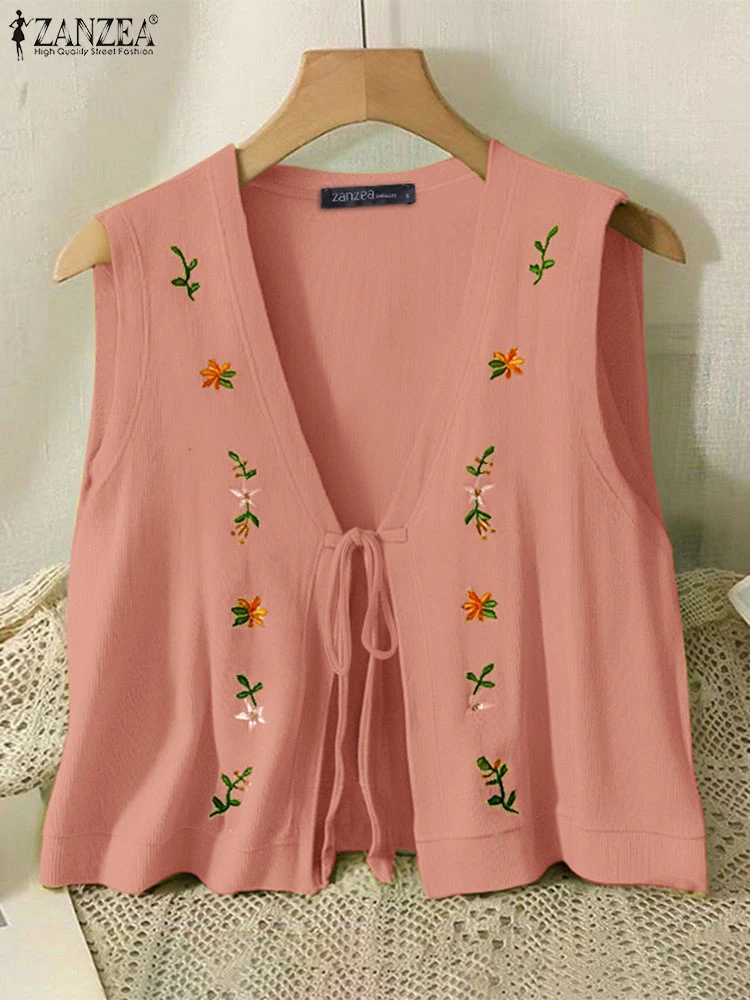 

ZANZEA Casual Vests Women Sleeveless V-Neck Tops 2025 Fashion Summer Coats Bandage Floral Printed Loose Vests Ladies Shirts