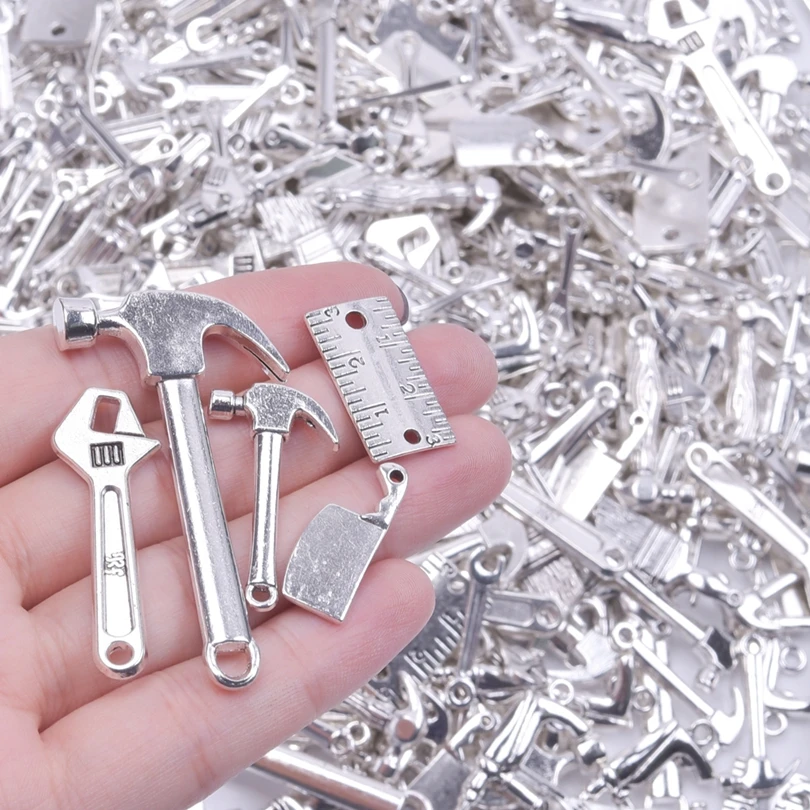 50-65pcs Metal Repair Tool Hammer Wrench Pliers Bottle Opener Charms For Jewelry Making Supplies Pendant Accessories Wholesale