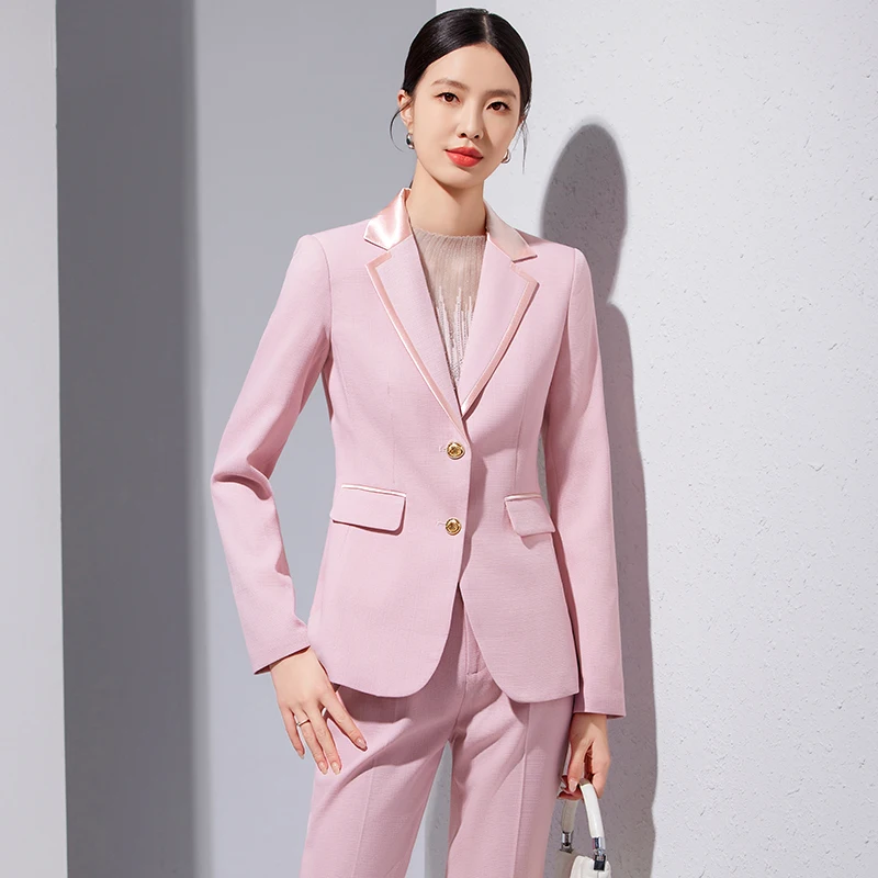 ZJYT Autumn Ladies Formal Business Blazer Pant Sets Two Pieces Womens Outfit Elegant Jacket Suit Trousers Office Work Wear Pink