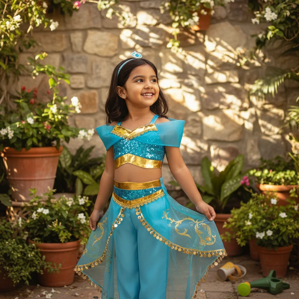 Turquoise Princess Costume for Girl Sparkling Sequin Top Golden Harem Pants Layered Mesh Skirt for Birthday Carnival Party Event