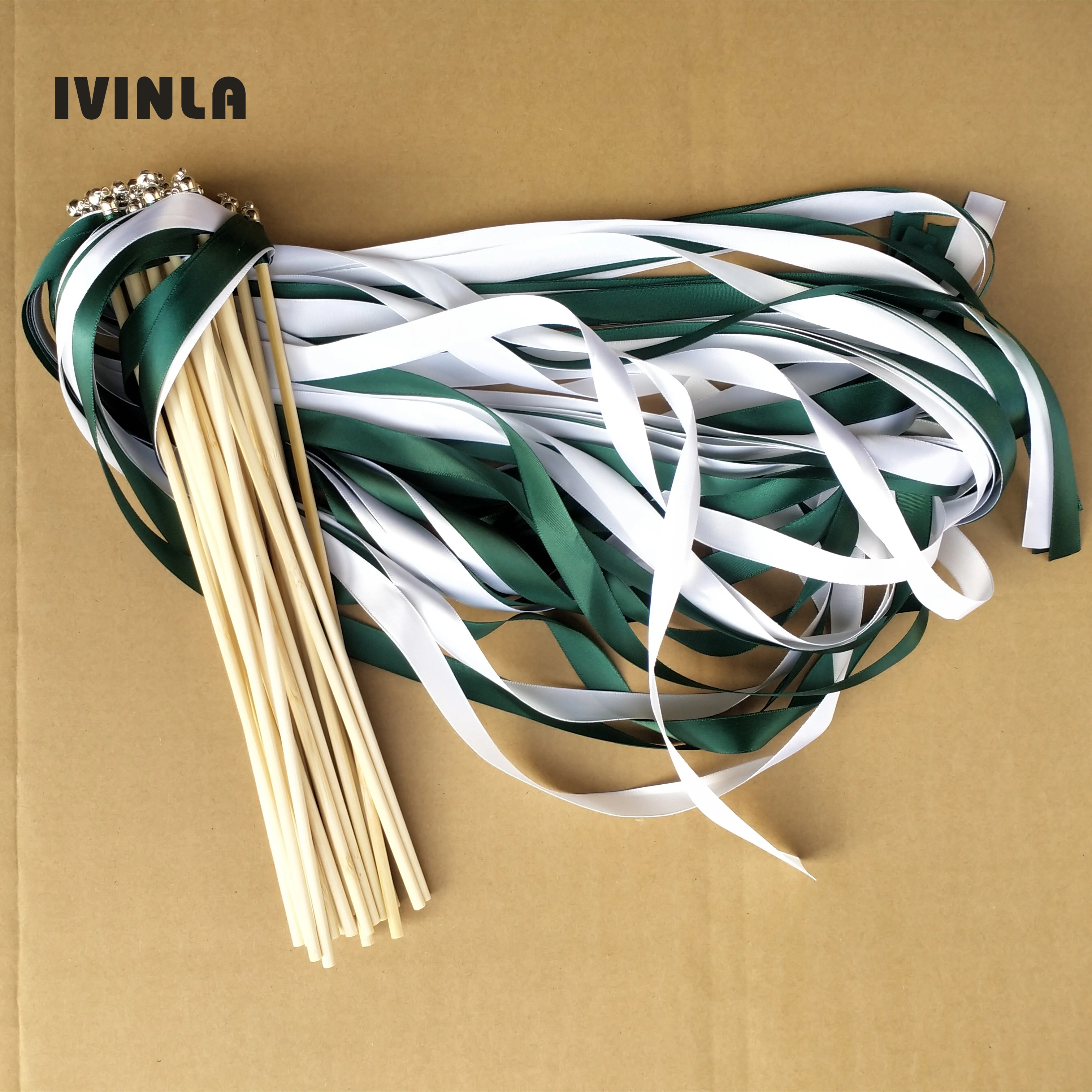 Hot selling 50/20/10pcs/lot  green & white wedding ribbon wands with sliver bell