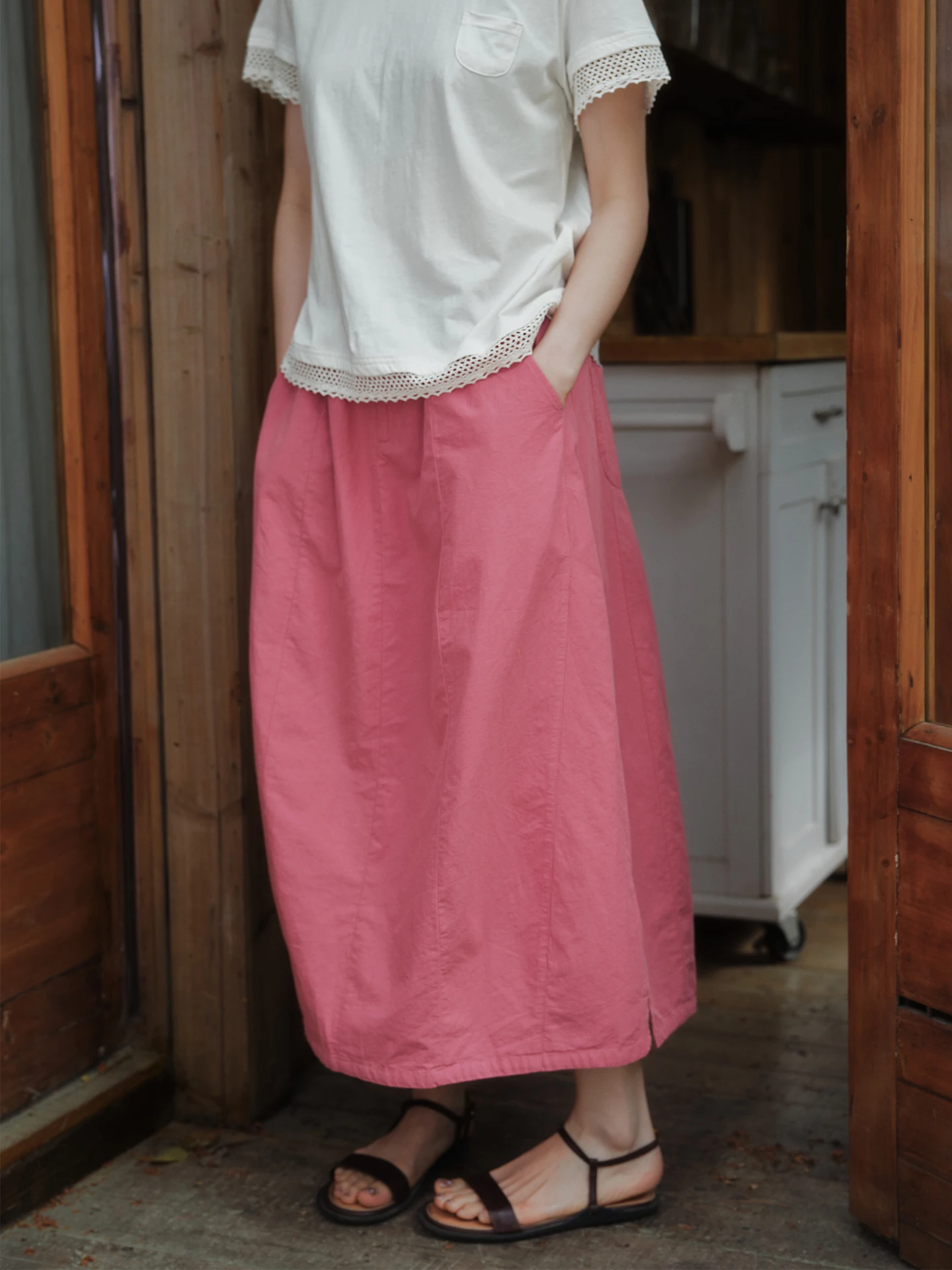 

High Waist Pure Color Han Han Cotton Half Skirt Women's Spring Summer A-Line Skirt Slimming Effect Retro Style